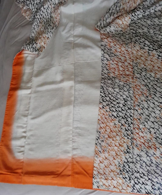 Rinzu Kimono pura seta testurizzata Flying Birds gru grigio arancione ruggine crema