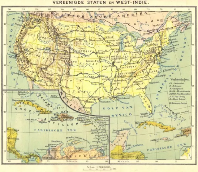 USA. Vereenigde Staten en West- Indië 1922 old vintage map plan chart
