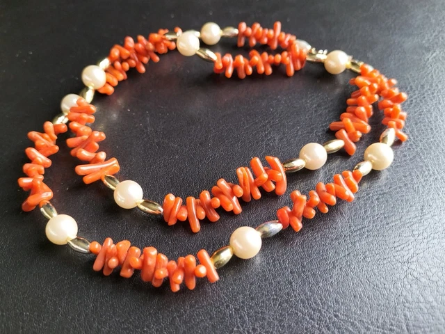 Vintage Collier Véritable Corail Et Fausses Perles