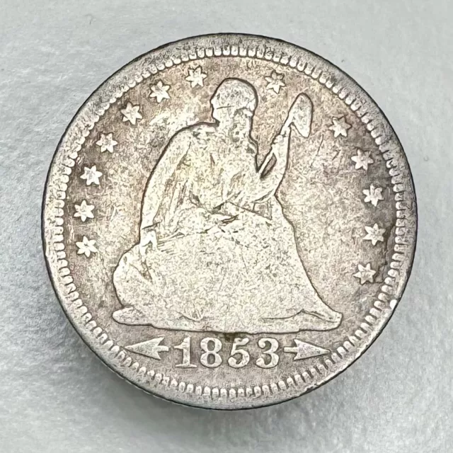 1853 P Arrows & Rays Seated Liberty Silver Quarter VG+ GREAT EXAMPLE COIN!