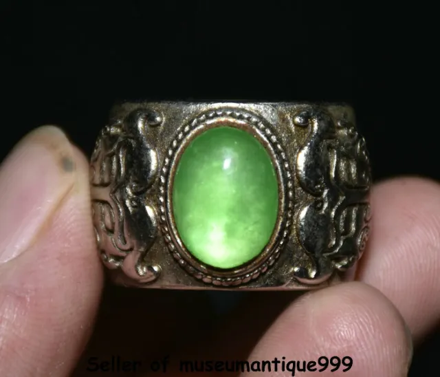 1.6" Chinese Silver Inlay Green Jade Gem Dynasty Beast Face Finger Ring Rings