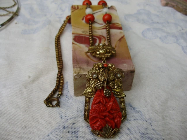 Fabulous antique  gold plated Czech glass ornate  large pendant necklace