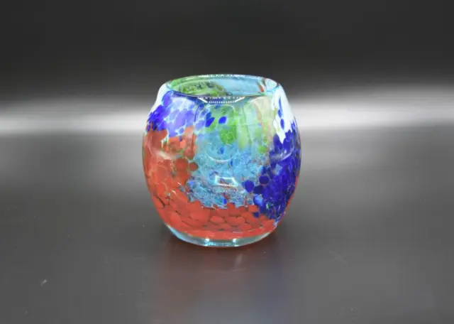 Dale Tiffany Hand Blown Speckled Heavy Art Glass Vase Red Aqua Blue White Green