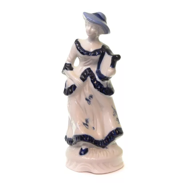 Vintage Porcelain Ceramic Lady Figurine Victorian Style Blue White With Harp 8"
