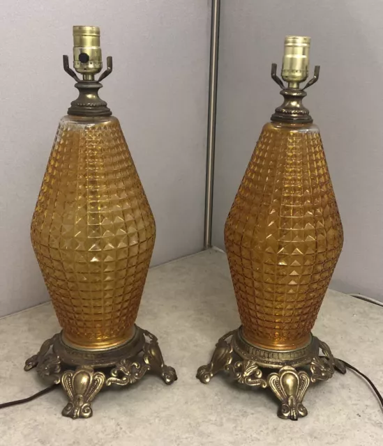 Pair Mid Century Diamond Cut Amber Glass Brass Hollywood Regency  Lamps MCM