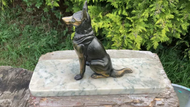 Beautiful Vintage Art Deco French Spelter Dog German Shepherd Dog Marble Base C1