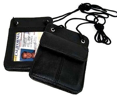 Genuine Leather ID Card Pocket Holder ID Badge Wallet with Neck Strap