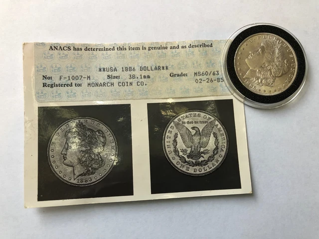 1886 Morgan Dollar MS 63 ANACS  Graded before *ENCAPSULATION* Oldest GRADER NICE