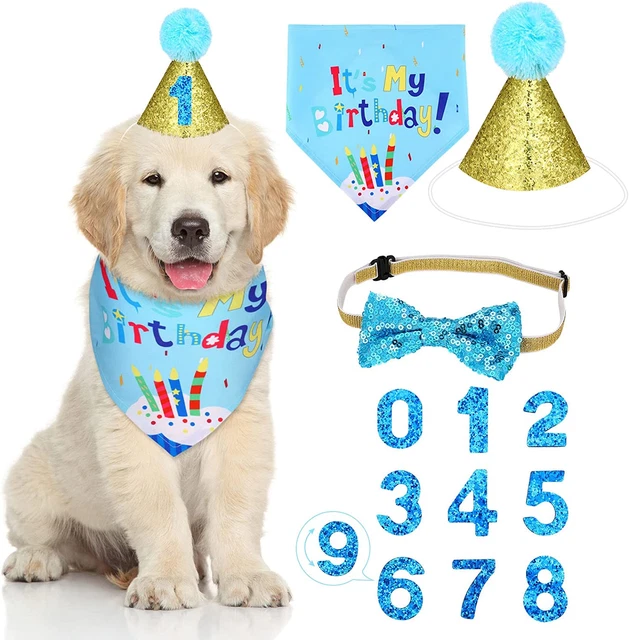 4 Piezas Sombrero de Cumpleaños Perro, Lindo Moño Corbata Bufanda Perro Cumpleaños Bandana con Cumpleaños
