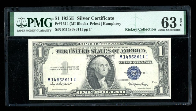 DBR 1935-E $1 Silver Fr. 1614 MI Block PMG 63 EPQ Serial M14868611I
