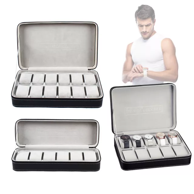 6/10/12 Slots Watch Jewelry Display Storage Zipper Case Organizer Holder Black