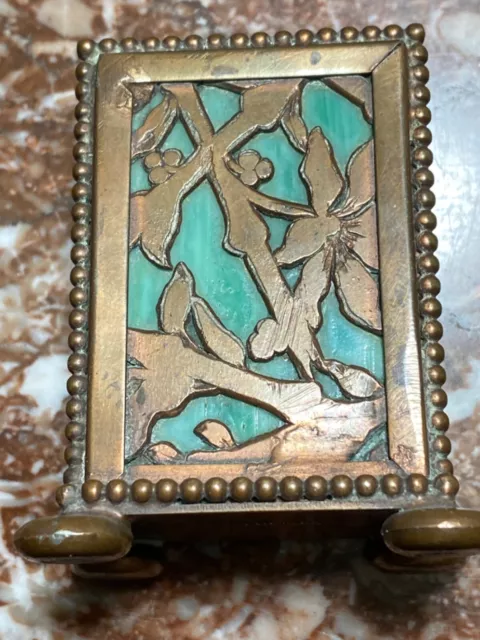 ANTIQUE APOLLO Studios New York, Tiffany Style Bronze and slag glass match box