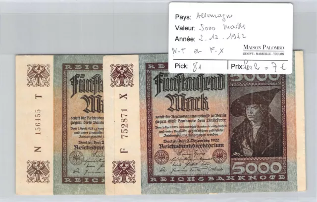 2 Tickets Germany - 5000 Marks - 2/12/1922 - NT And Fx - Pick 81