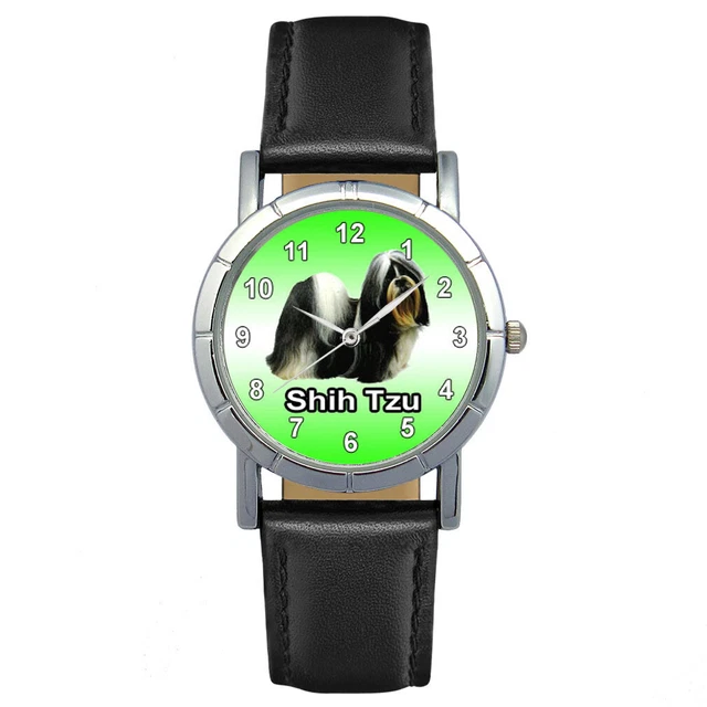 Shih Tzu Dog Mens Ladies Black Genuine Leather Band Quartz Wrist Watch SA1093