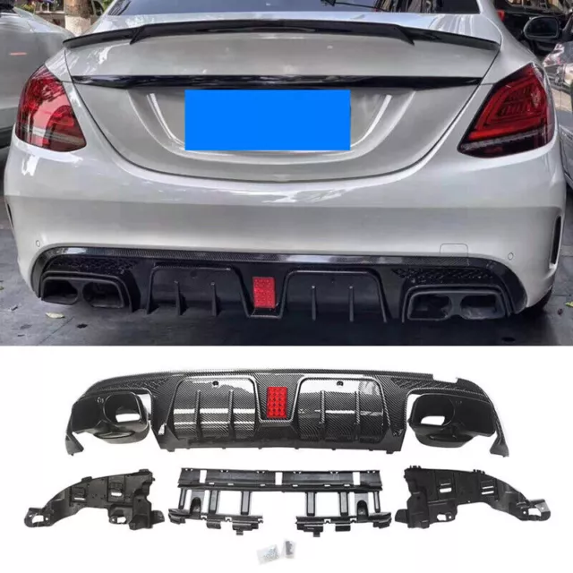 For 15-21 Benz W205 C63 C43 4D Carbon Look Bumper Diffuser + Black Exhaust Tips