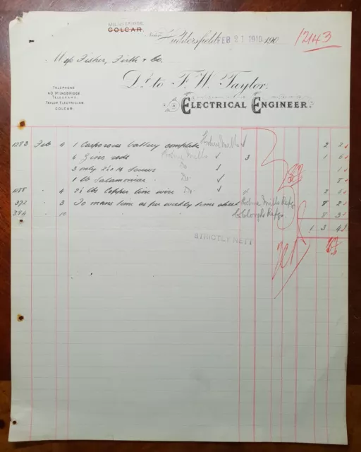 F. W. Taylor, Electrical Engineer, Milnsbridge, Near Huddersfield. Invoice