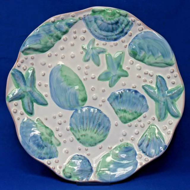 Sea Shell Majolica Plate Blue Green White Glaze Pottery 8.25" Portugal
