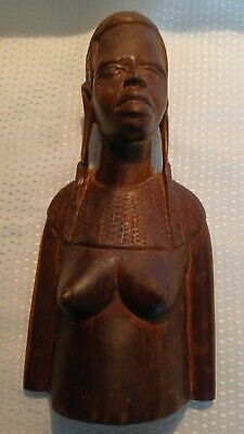 Vintage West African Hand Carved Wood Woman Tribal Nude Folk Art Bust 9"