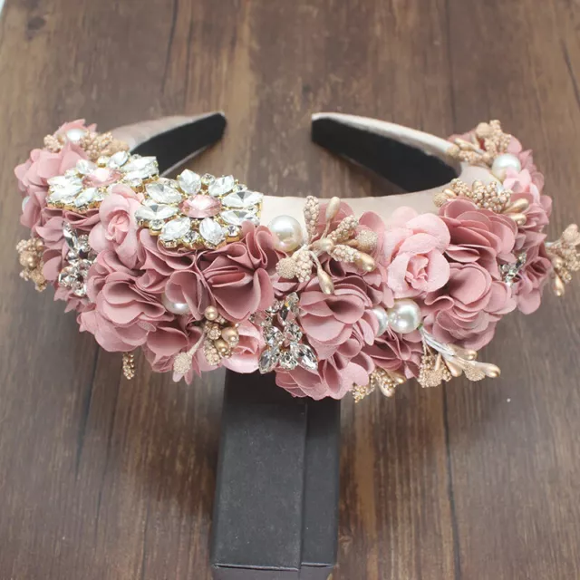 Luxury Handmade Pink Flower Padded Headband With Pearls, Rhinestones & Beads