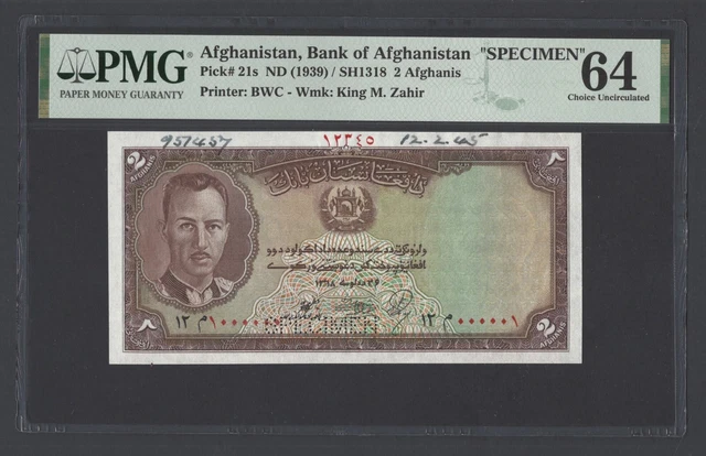 Afghanistan 2 Afghanis ND(1939) /SH1318 P21s "Specimen" UNC Grade 64 Top Pop
