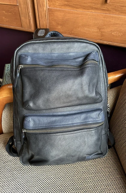 Tumi Black Leather With Blue Leather Trim Backpack Large Nice!
