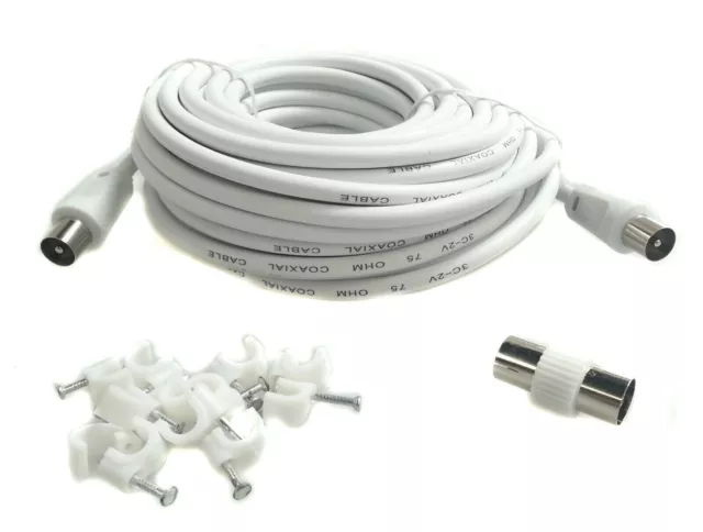 10M Metre White RG59 / RG6 RF TV Aerial Lead Cable Male to Male Coax Coaxial