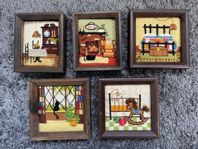 Lote de 5 marcos de madera con aguja enmarcados de colección para cabaña de arte núcleo patrimonio para gato hogar