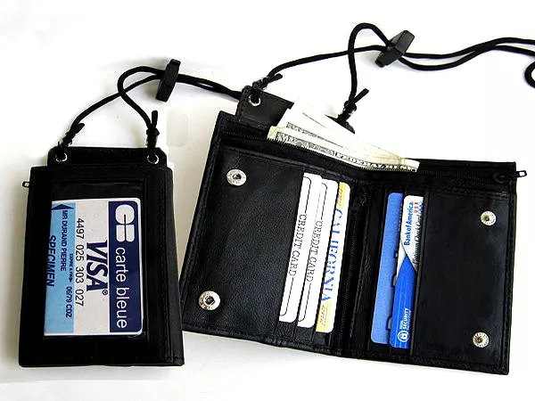 BLACK LEATHER BIFOLD WALLET Lanyard ID Badge Card Holder Zip Neck Strap