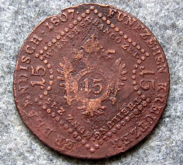 Austria Franz I 1807 S 15 Kreuzer, Napoleonic Wars Era Copper