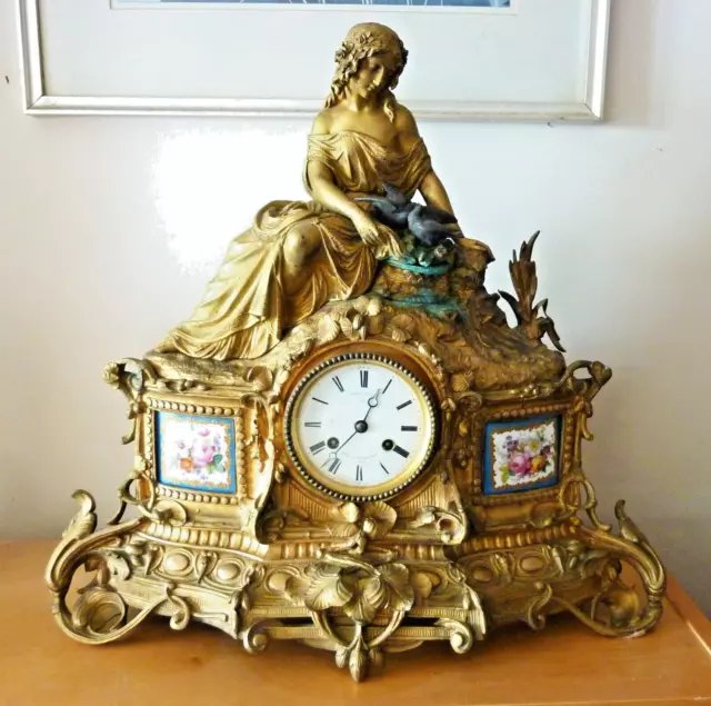 Antique Miroy Freres French Ormolu Mantel Clock Sevres Panels Needs Attention