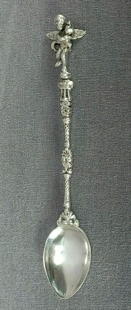 Antique Italian 800 Silver Repousse Floral & Cherub Finial Demitasse Spoon