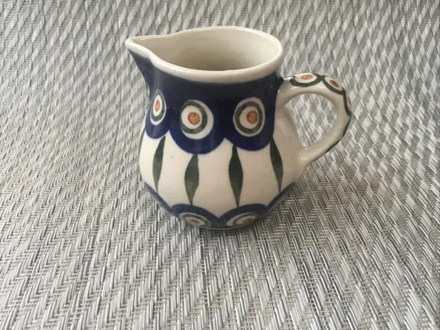 Vintage Polish  Boleslawiec Pottery Milk Jug - Peacok  / Peacock Eye Pattern