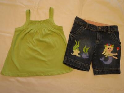 NWT Gymboree Size 5 Mermaid  Magic Denim Bermuda Shorts Lime Tank Top Outfit Set
