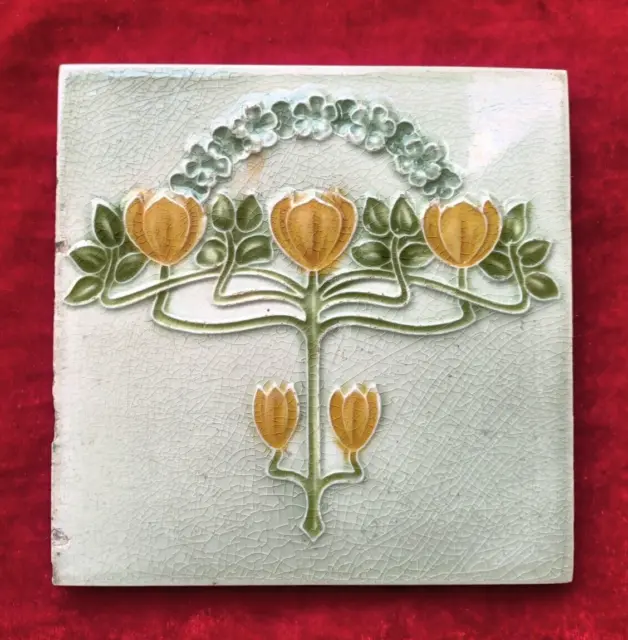 1 Piece Old Art Flower Design Embossed Majolica Ceramic Tiles England 0394