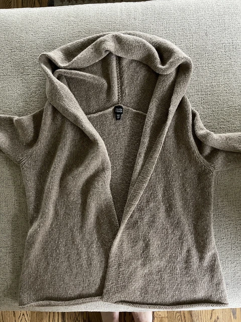 Eileen Fisher Wool Mohair Beige Hooded Cardigan Sweater Large Open Front