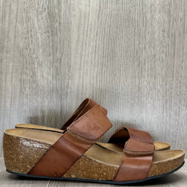 Lola Sabbia Eric Michael Sandal Womens 37 Double Strap Wedge Slide Leather Brown