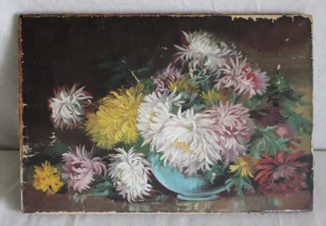 Antique  12 X 18" Victorian Folk Art Oil Painting Floral Fuji Mums Vase Country