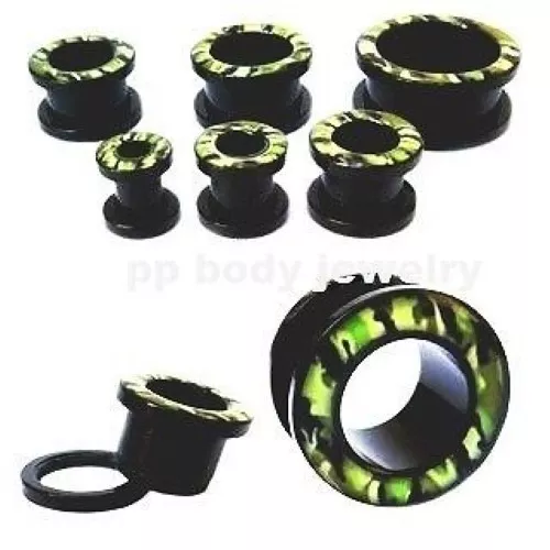 PAIR of Camouflage Black Acrylic Screw On Flesh Tunnel Ear Plugs 2G-5/8