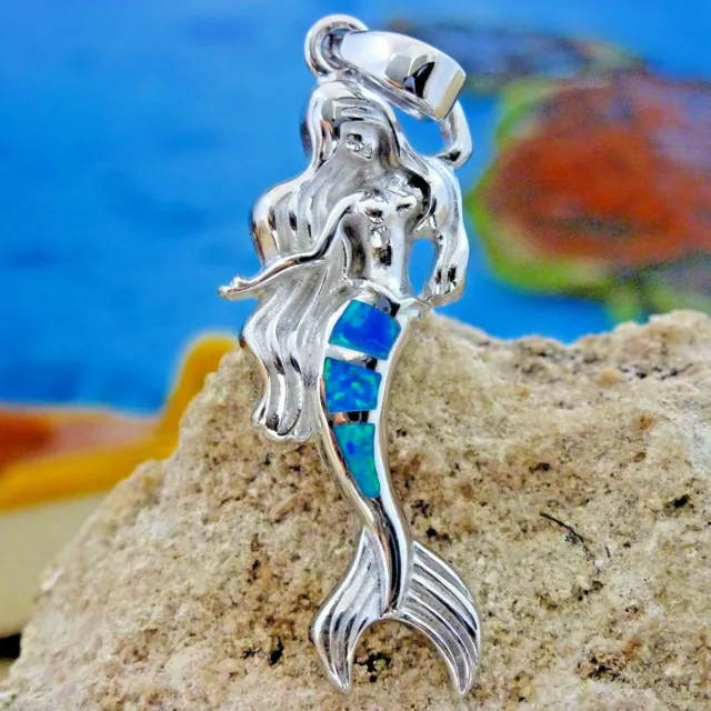 SILVER BLUE OPAL MERMAID PENDANT STERLING WITH LONG FLOWING HAIR Rhodium finish