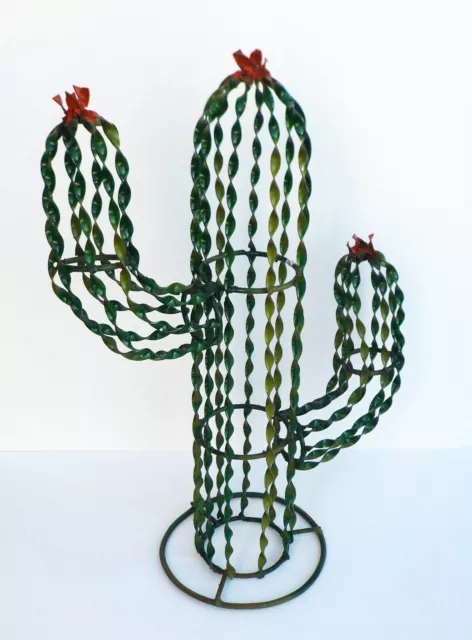 Metal Twisted Wire Yard Art 22" Saguaro Cactus Sculpture Green With Flowers