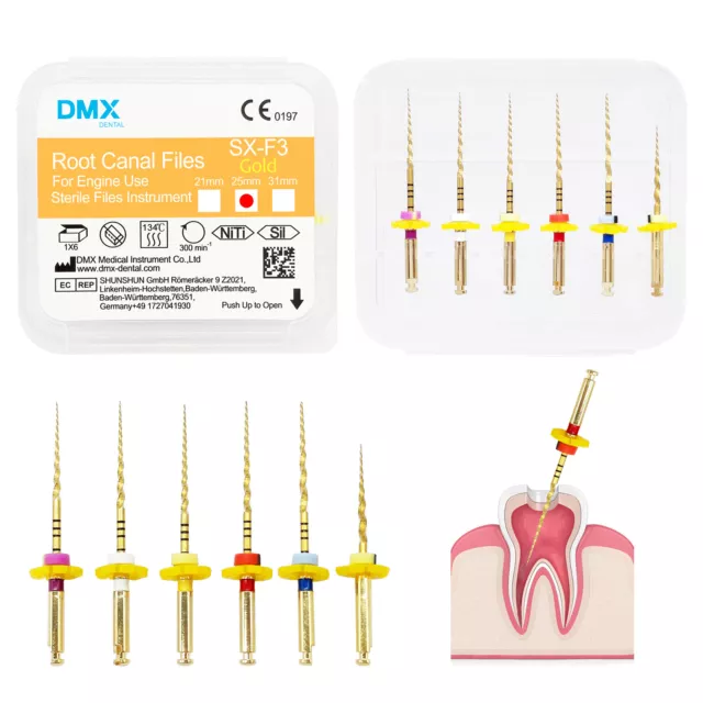 6Pc/Box DMX Dental Endodontic NITI Rotary Root Canal Files Taper Gold SX-F3 25mm