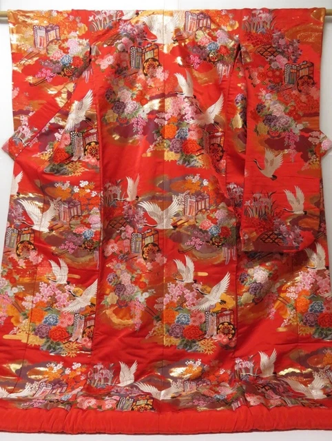 2304T06z4350  Japanese Kimono Silk UCHIKAKE Flying crane Red