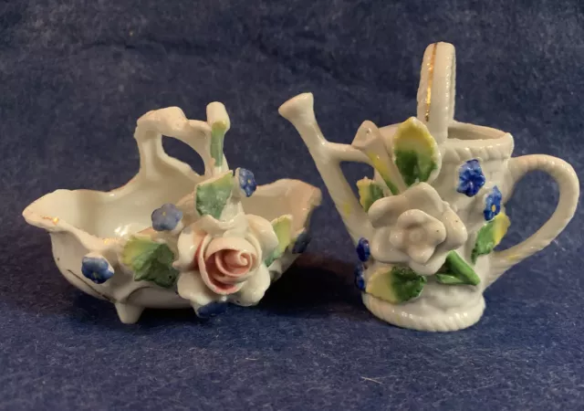 Vtg Lot 2 Miniature China Vase-Basket-Watering Can-Mini Ceramic Porcelain Flower