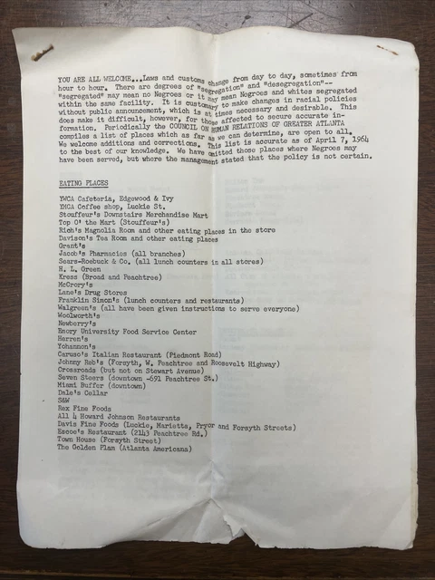 1964 Document Desegregated Establishments Atlanta GA Council Of Human Relations