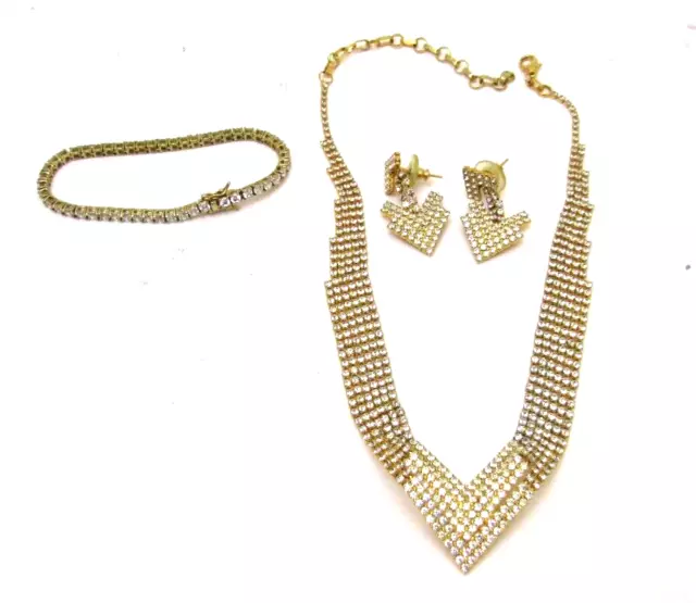 Necklace Bracelet Pierced Hanging Earrings Set Gold Tone Rhinestone Jewelry