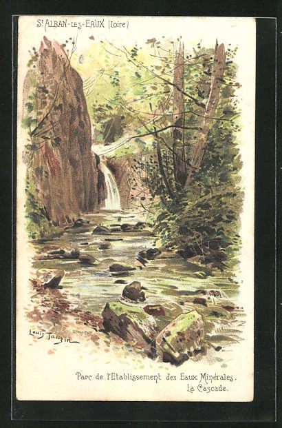 CPA illustrator St-Alban-les-Eaux, Parc de l'Establishment des Eaux Minerals,