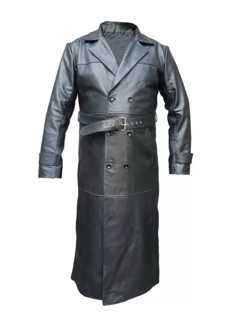 Real Black Leather Trench Coat Full Length Double Breast Jacket For Mens
