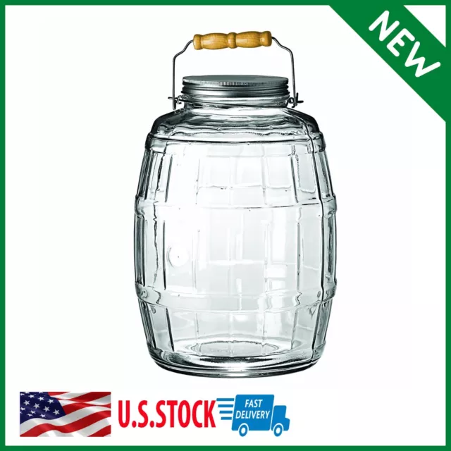 Glass Barrel Jar with Lid Vintage Pickle Canister Large Handle Clear 2.5 Gallon