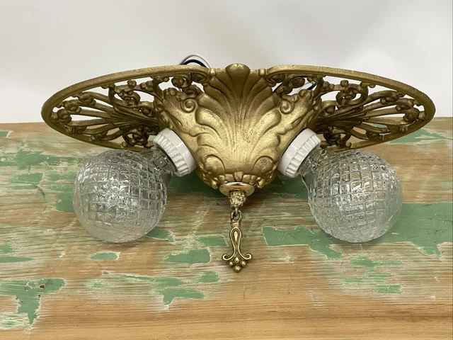 Antique Vtg Art Deco Victorian Flush Mount Ceiling or Wall Fixture 2 Bulb Vanity 11