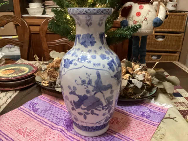 Vintage Chinese Asian Blue & White Porcelain Floral Birds Vase Large 14.25” high